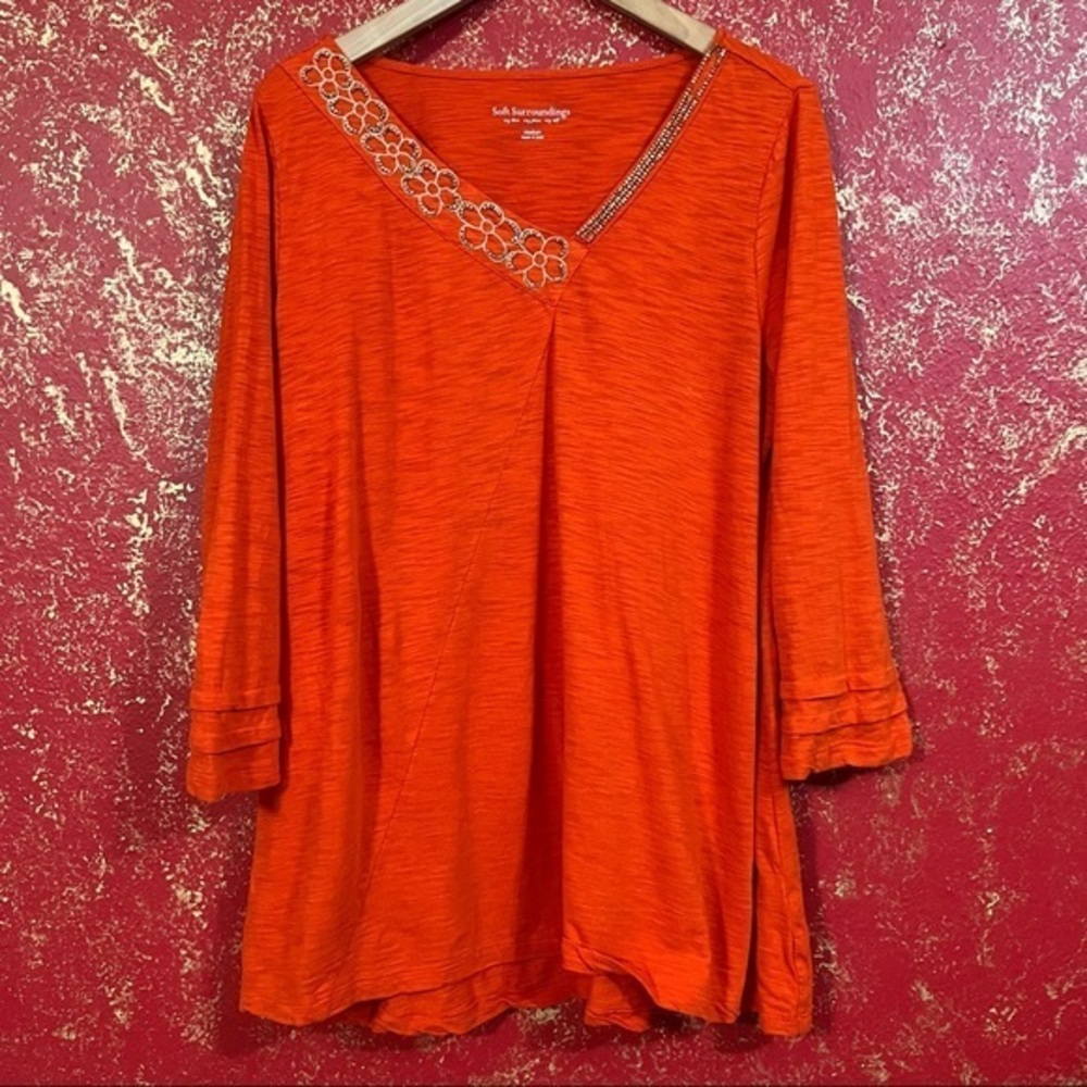 SOFT SURROUNDINGS Burnt Orange Tangerine Embroidered Beads Shirt Top Tunic M
